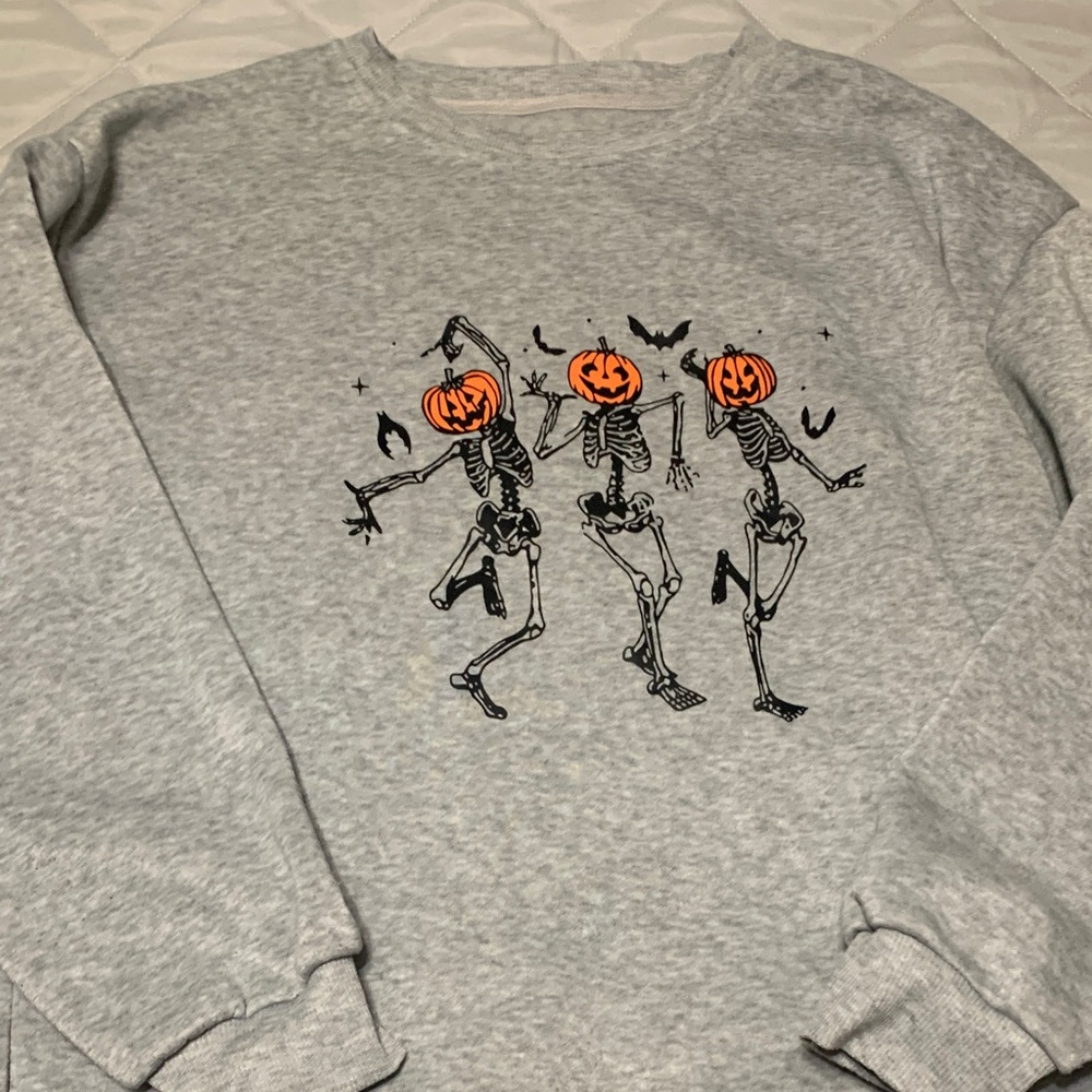 Gray Sweatshirt with Dancing Skeletons and Pumpkin Heads